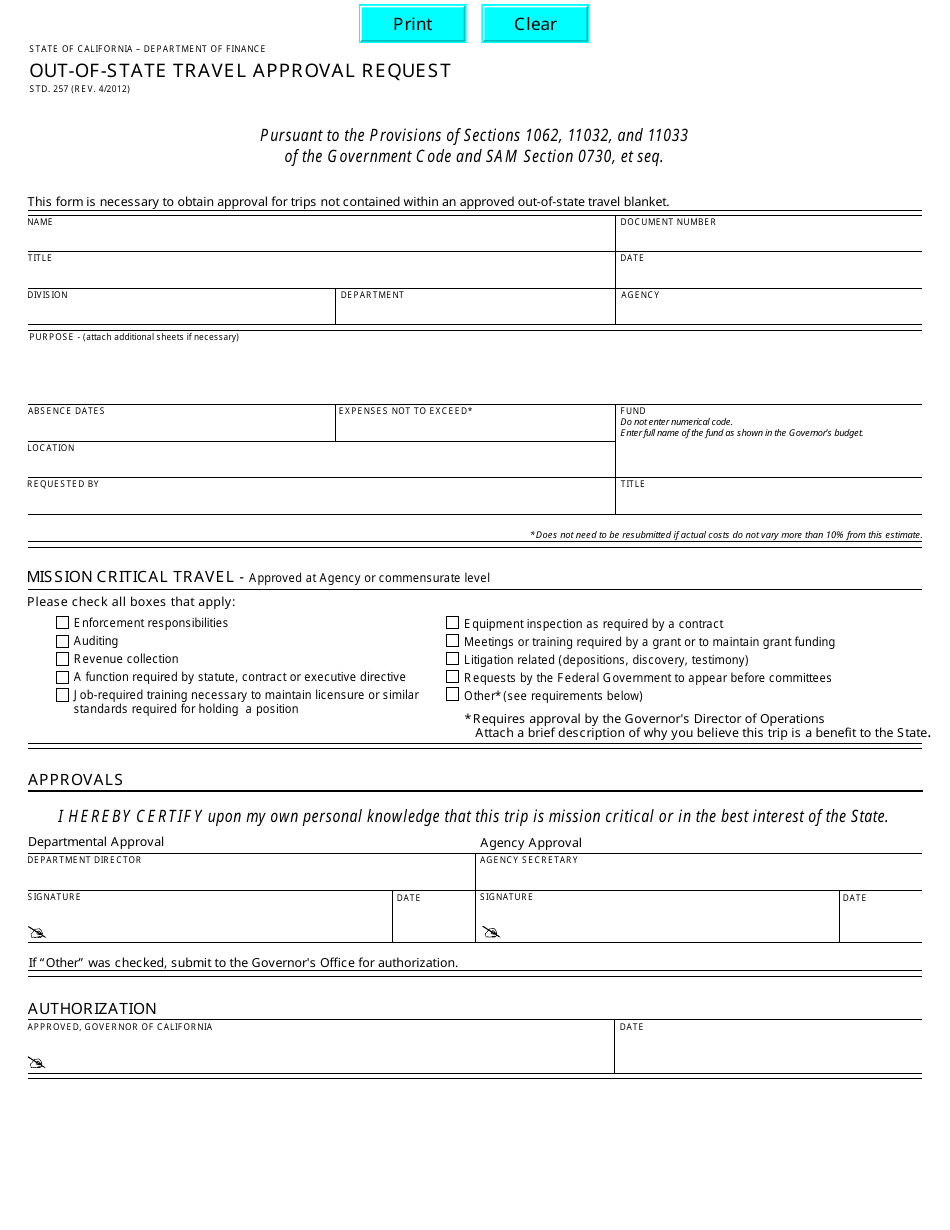Form STD.257 Out-of-State Travel Approval Request - California, Page 1