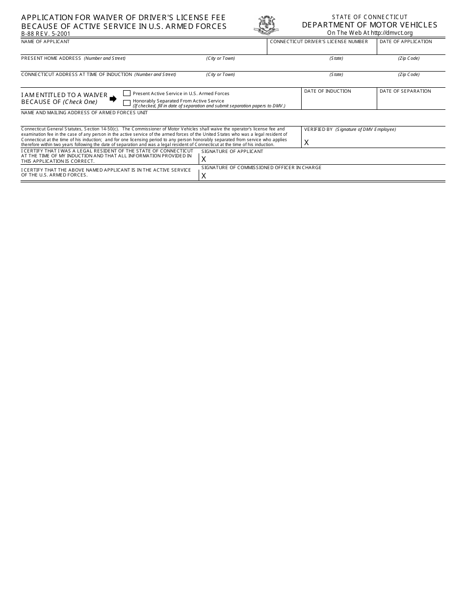 Form B88 Application for Waiver of Drivers License Fee Because of Active Service in U.S. Armed Forces - Connecticut, Page 1