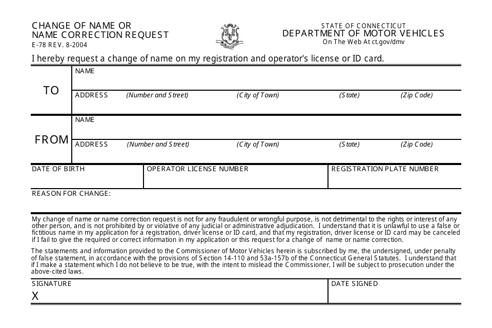 Form E78 Change of Name or Name Correction Request - Connecticut