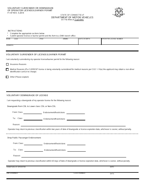 Form P-147 Voluntary Surrender or Downgrade of Operator License/Learner Permit - Connecticut