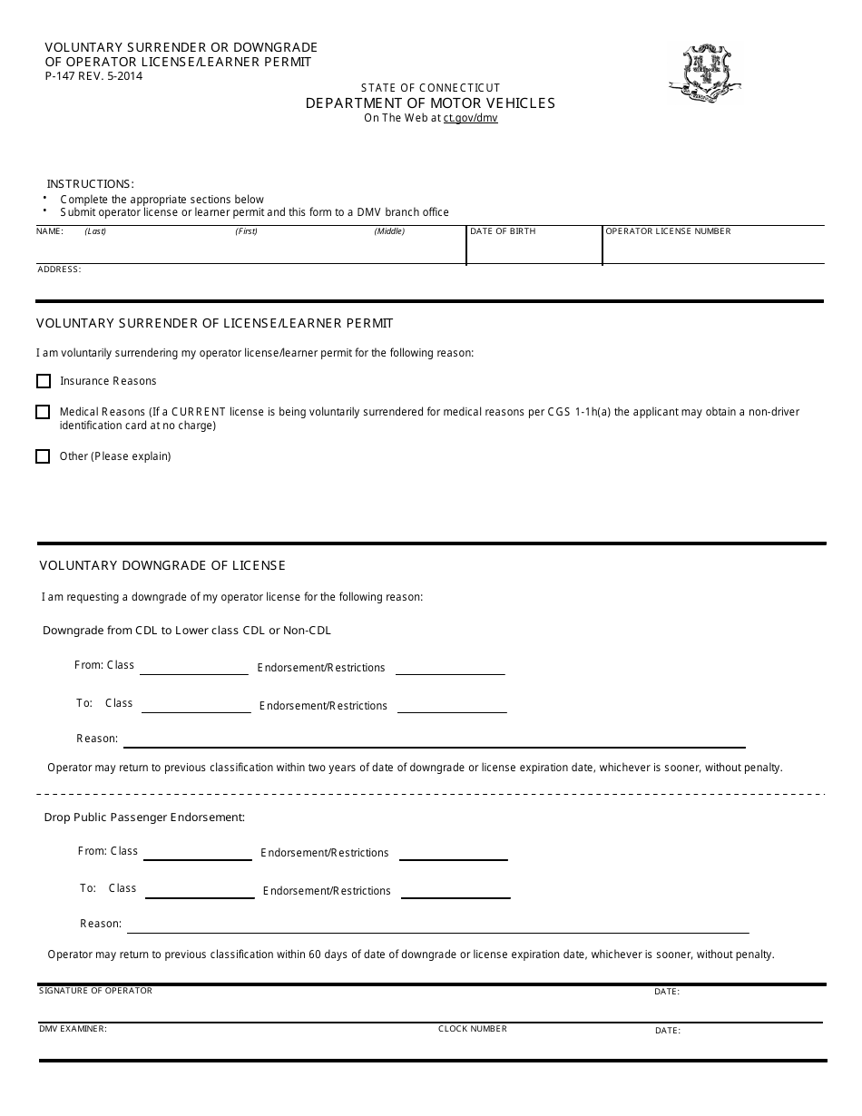 Form P-147 Voluntary Surrender or Downgrade of Operator License / Learner Permit - Connecticut, Page 1