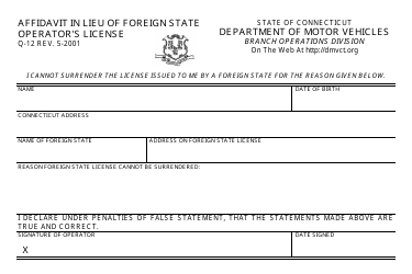 Document preview: Form Q-12 Affidavit in Lieu of Foreign State Operator's License - Connecticut