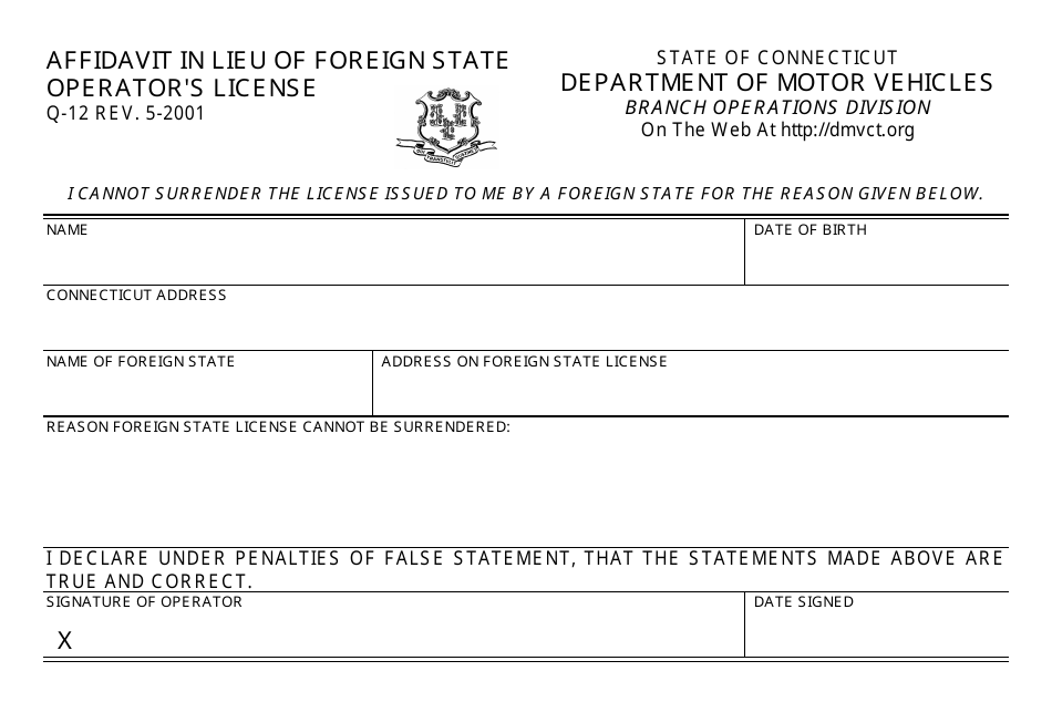 Form Q-12 Affidavit in Lieu of Foreign State Operators License - Connecticut, Page 1