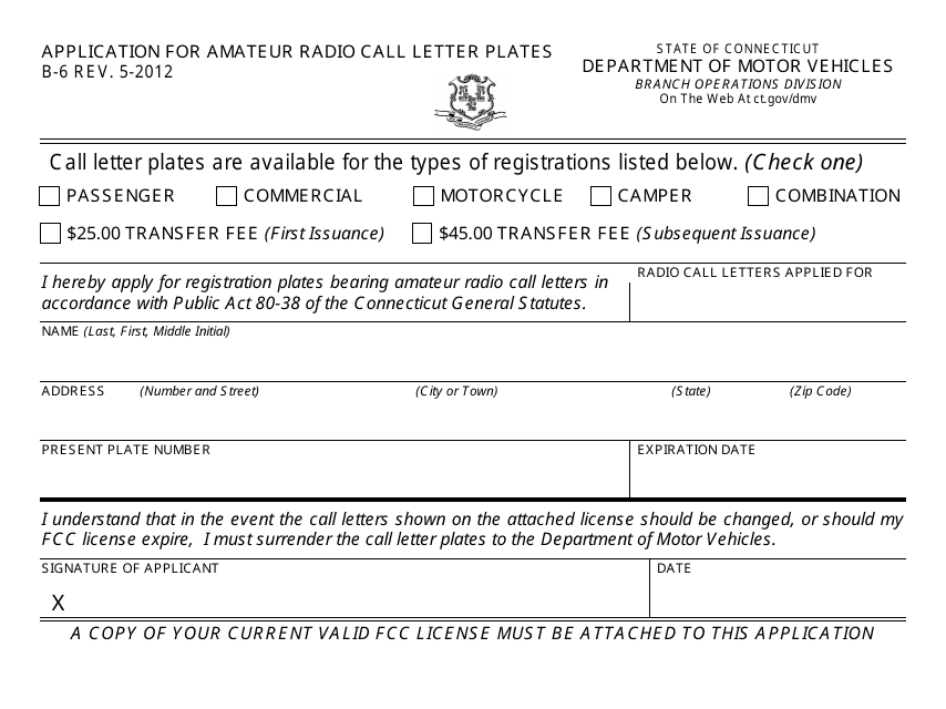 Form B-6 Application for Amateur Radio Call Letter Plates - Connecticut