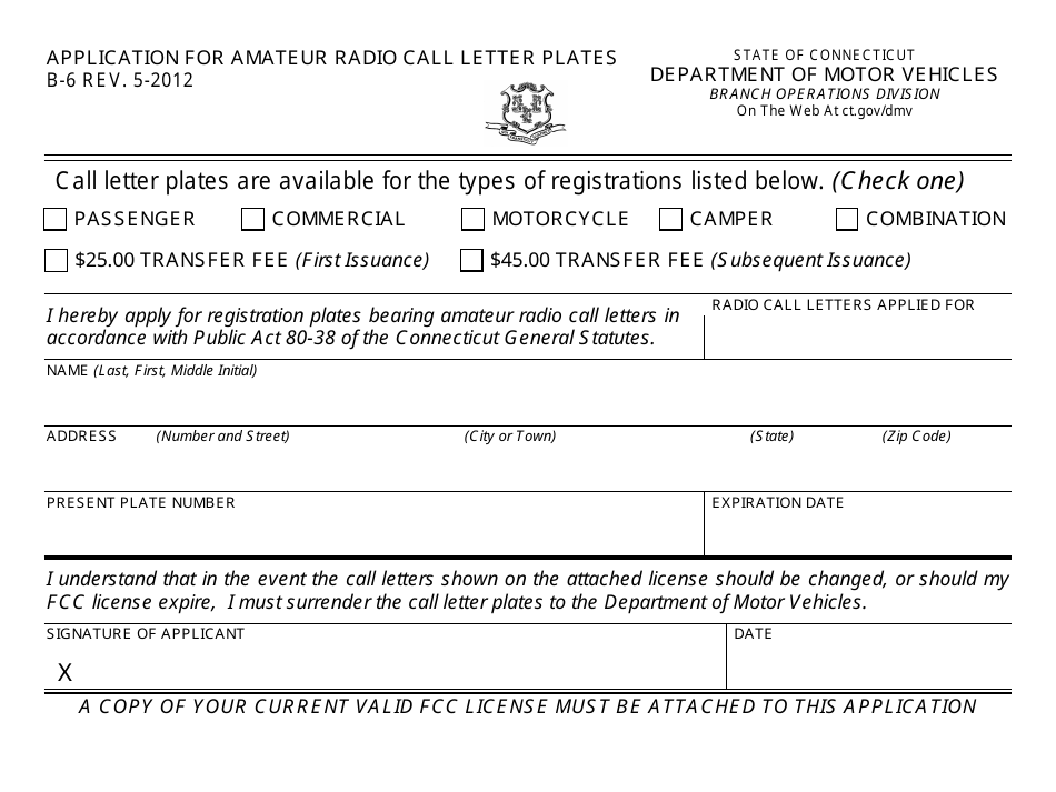 Form B-6 Application for Amateur Radio Call Letter Plates - Connecticut, Page 1