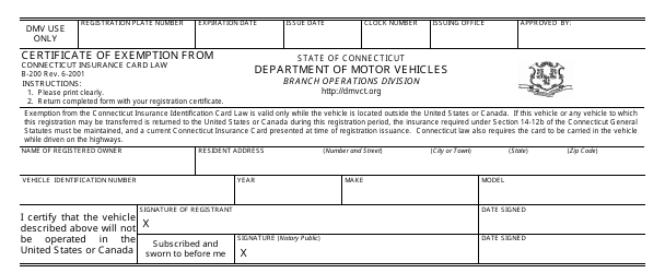 Document preview: Form B-200 Certificate of Exemption From Connecticut Insurance Card Law - Connecticut