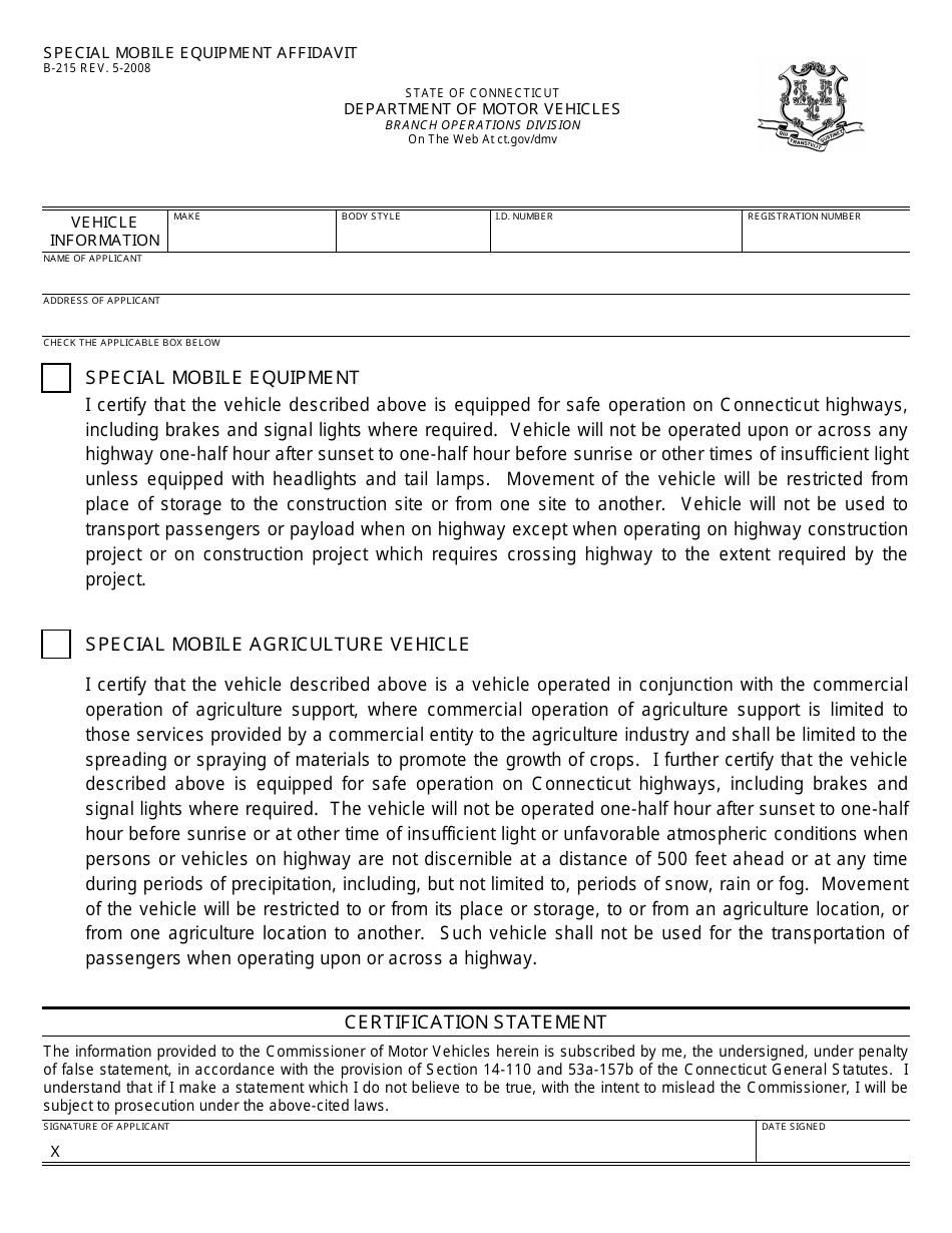Form B-215 Special Mobile Equipment Affidavit - Connecticut, Page 1