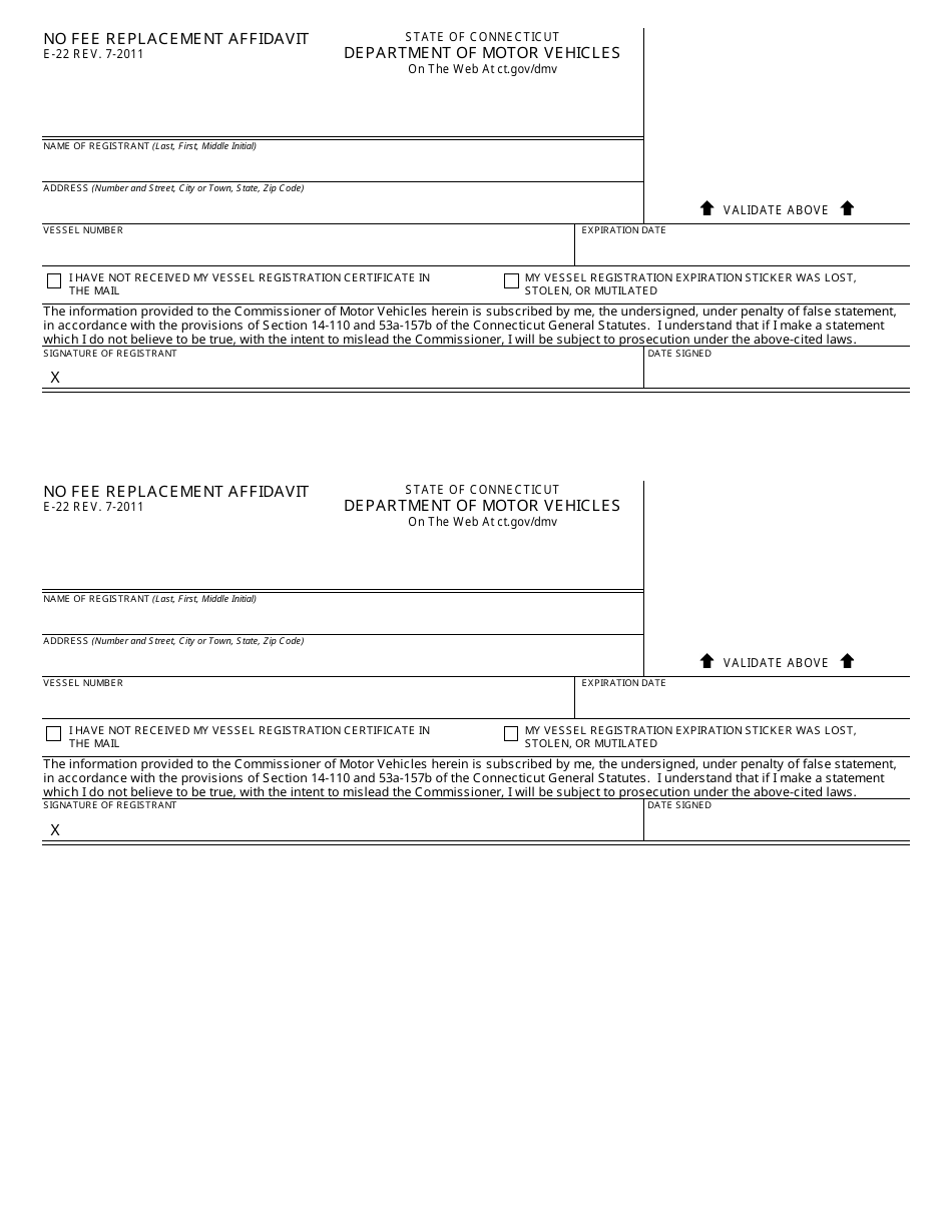 Form E-22 No Fee Replacement Affidavit - Connecticut, Page 1