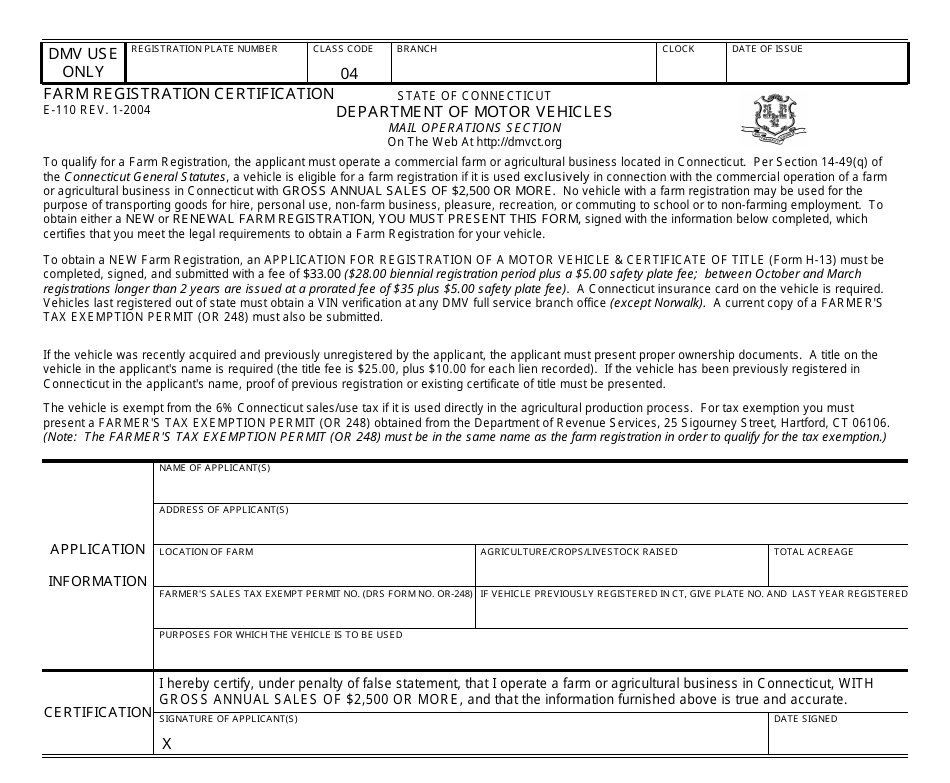 Form E-110 Farm Registration Certification - Connecticut, Page 1