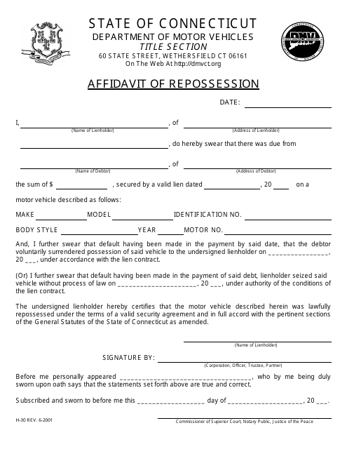 Form H-30 Affidavit of Repossession - Connecticut