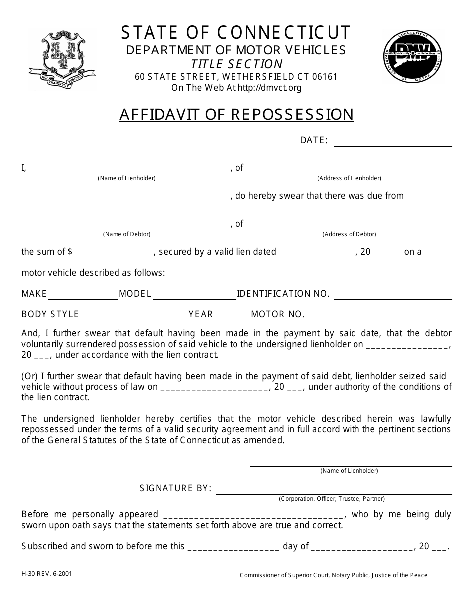 Form H-30 Affidavit of Repossession - Connecticut, Page 1