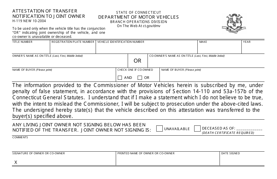 Form H-119 Attestation of Transfer Notification to Joint Owner - Connecticut, Page 1