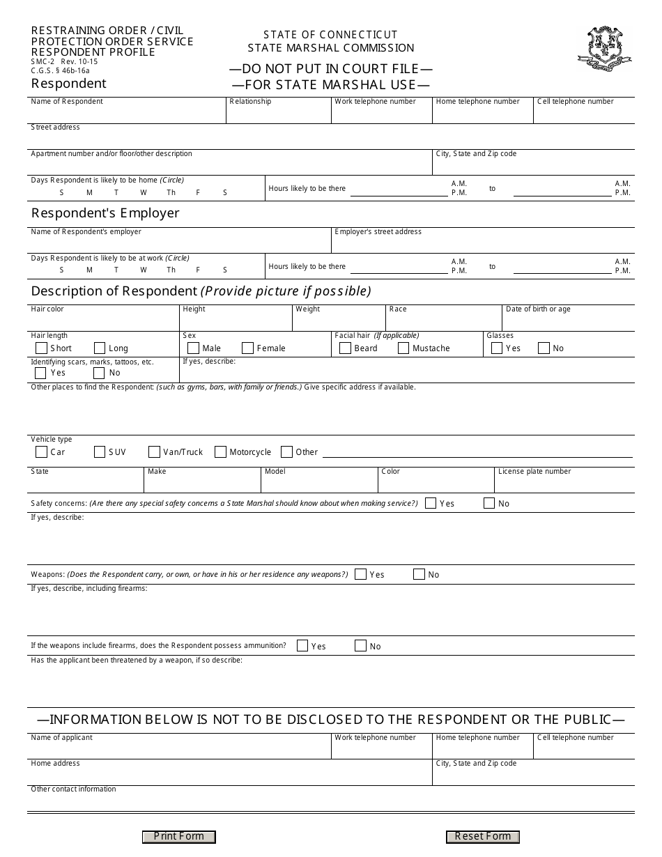 Form SMC-2 Restraining Order Service Respondent Profile - Connecticut (English / Spanish), Page 1