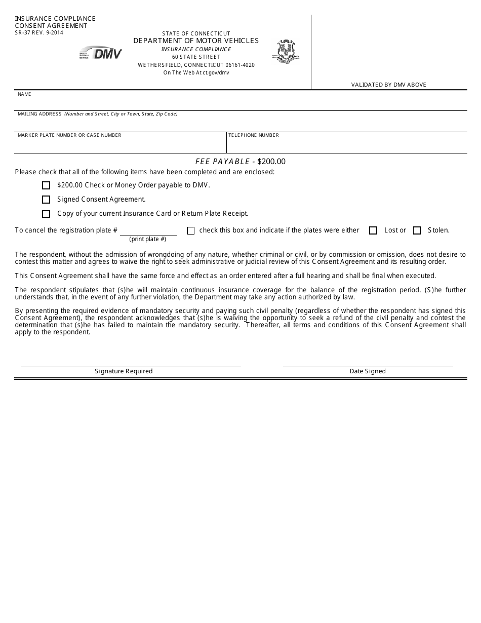 Form SR-37 Insurance Compliance Consent Agreement - Connecticut, Page 1