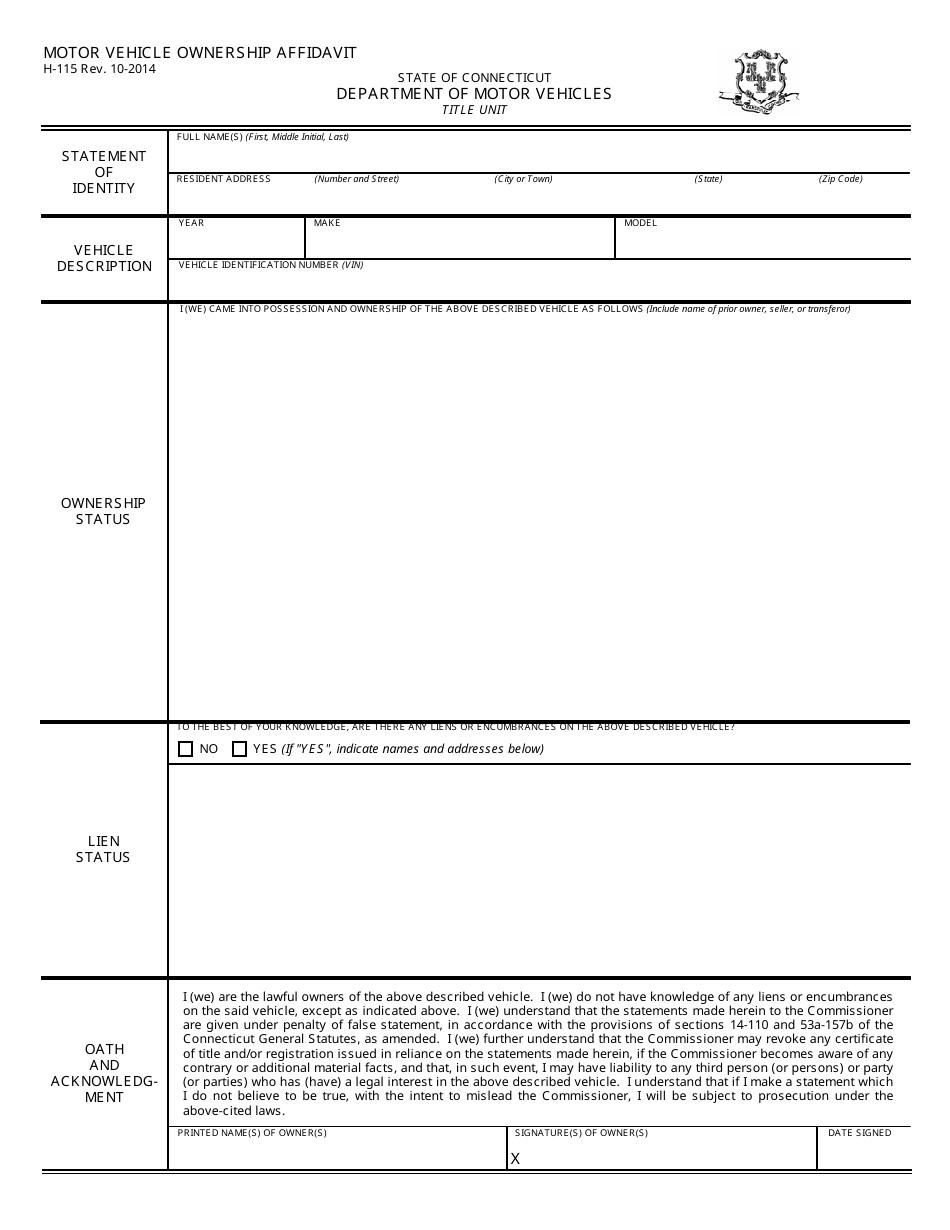 Form H-115 Motor Vehicle Ownership Affidavit - Connecticut, Page 1