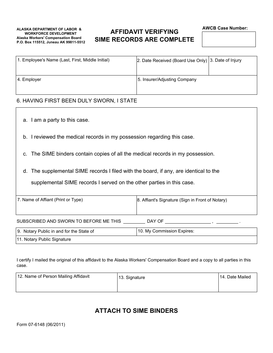 Form 07-6148 Affidavit Verifying Sime Records Are Complete - Alaska, Page 1