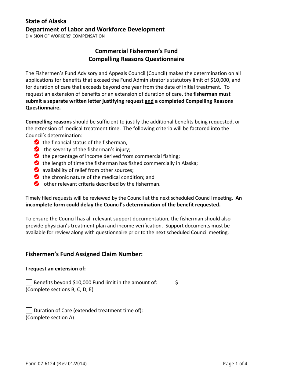 Form 07-6124 Commercial Fishermens Fund Compelling Reasons Questionnaire - Alaska, Page 1
