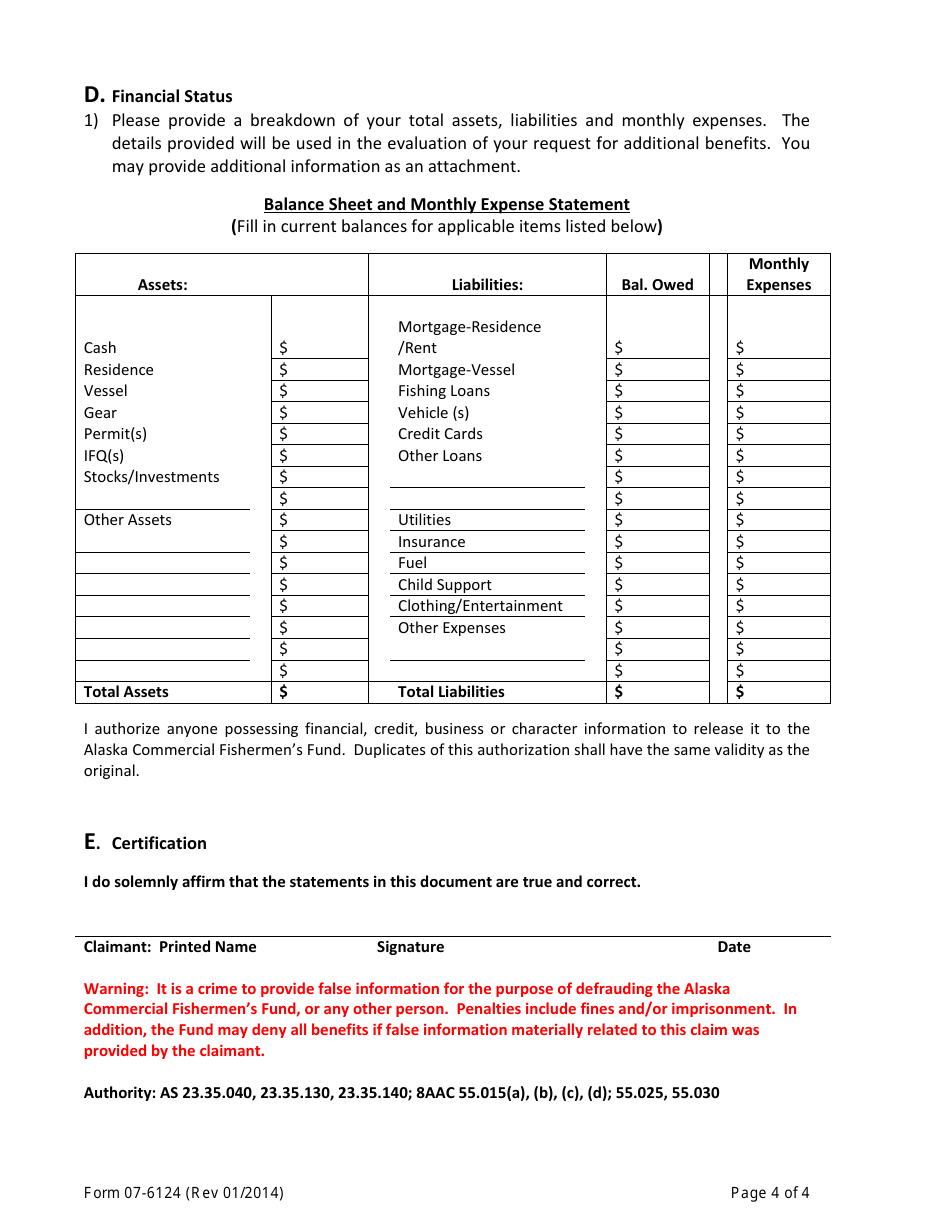 Form 07-6124 Commercial Fishermens Fund Compelling Reasons Questionnaire - Alaska, Page 4