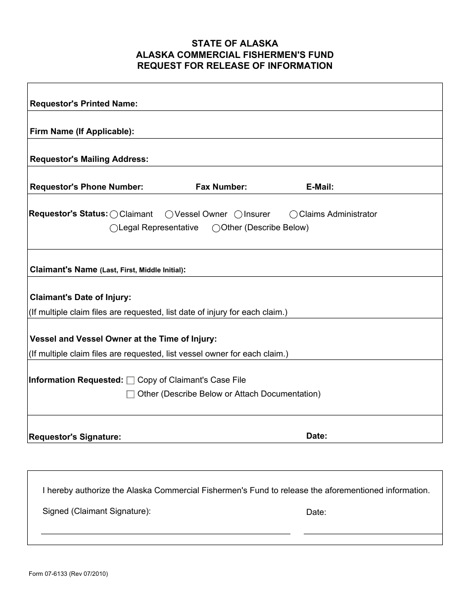 Form 07-6133 Alaska Commercial Fishermens Fund Request for Release of Information - Alaska, Page 1