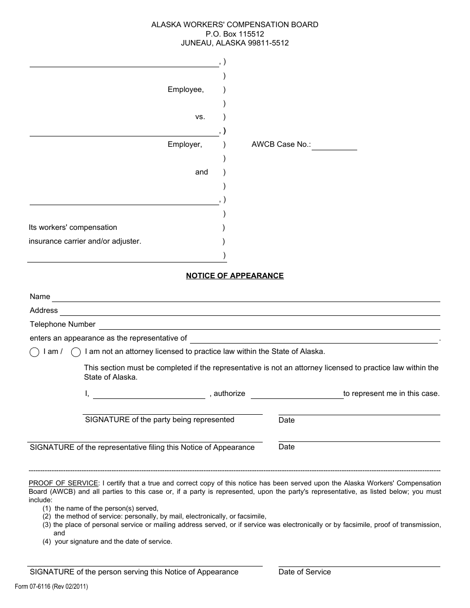 Form 07-6116 Notice of Appearance - Alaska, Page 1