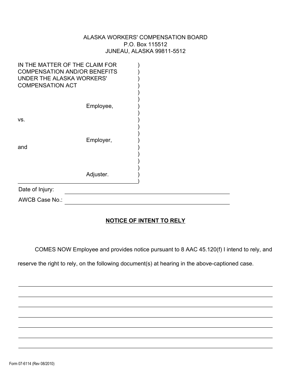 Form 07-6114 Notice of Intent to Rely - Alaska, Page 1