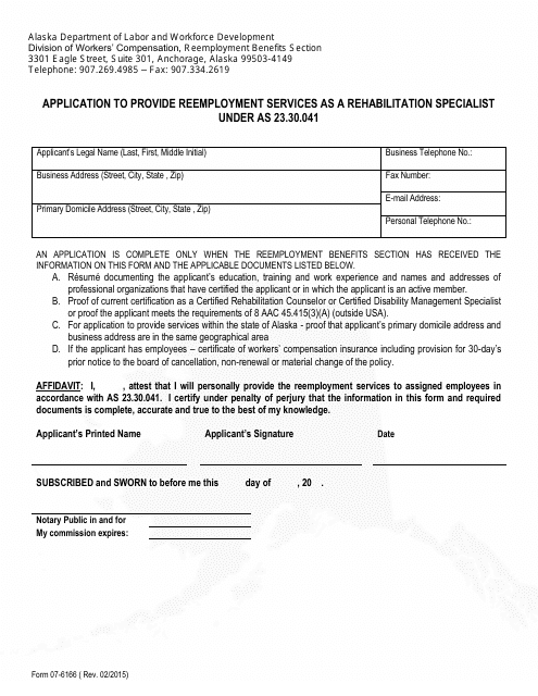 Form 07-6166 Application to Provide Reemployment Services as a Rehabilitation Specialist Under as 23.30.041 - Alaska