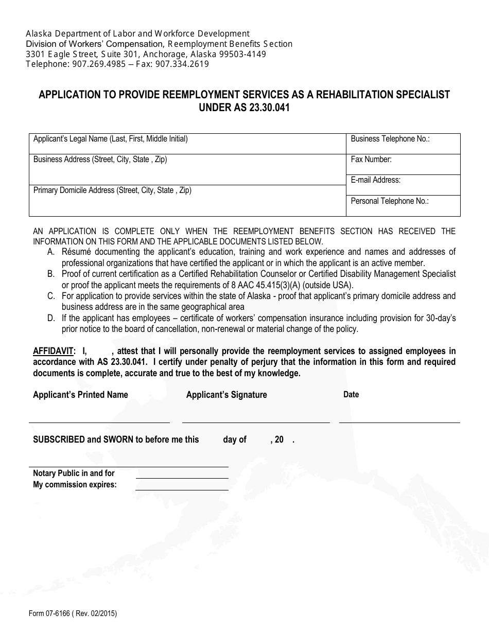 Form 07-6166 Application to Provide Reemployment Services as a Rehabilitation Specialist Under as 23.30.041 - Alaska, Page 1
