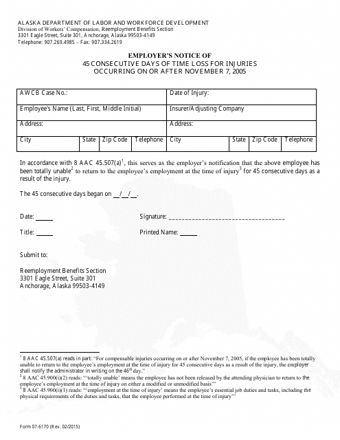 Form 07-6170 Employer's Notice of 45 Consecutive Days of Time Loss for Injuries - Alaska