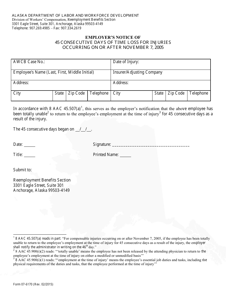 Form 07-6170 Employers Notice of 45 Consecutive Days of Time Loss for Injuries - Alaska, Page 1