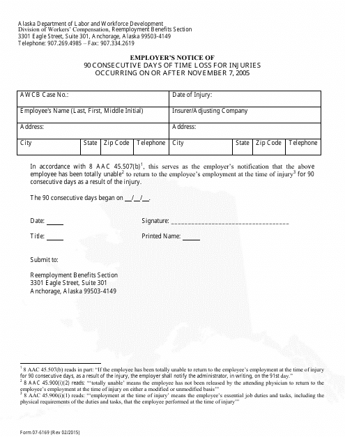 Form 07-6169 Employer's Notice of 90 Consecutive Days of Time Loss for Injuries - Alaska