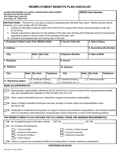 Form 07-6171 Reemployment Benefits Plan Checklist - Alaska