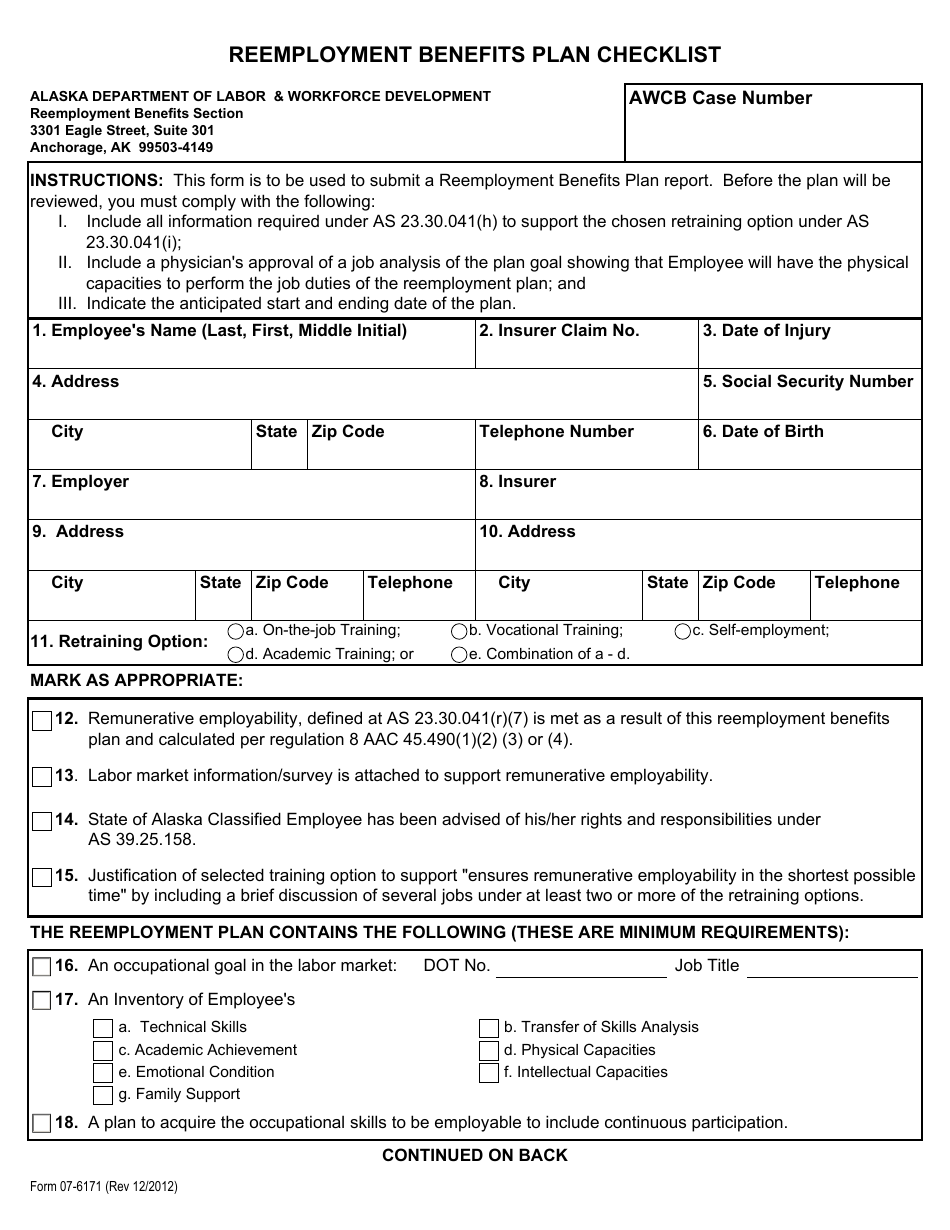 Form 07-6171 Reemployment Benefits Plan Checklist - Alaska, Page 1