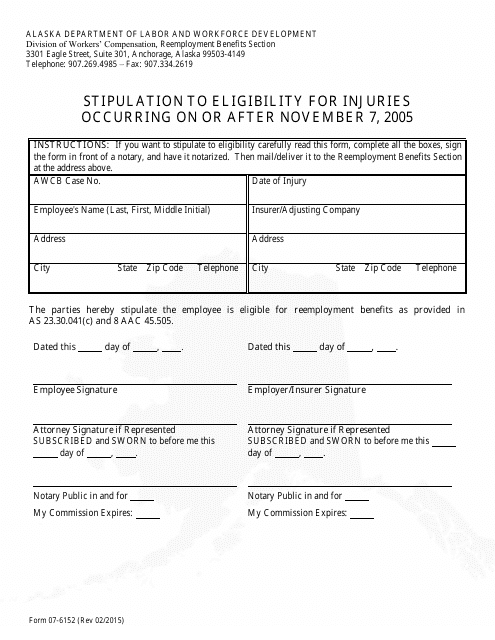 Form 07-6152 Stipulation to Eligibility for Injuries - Alaska