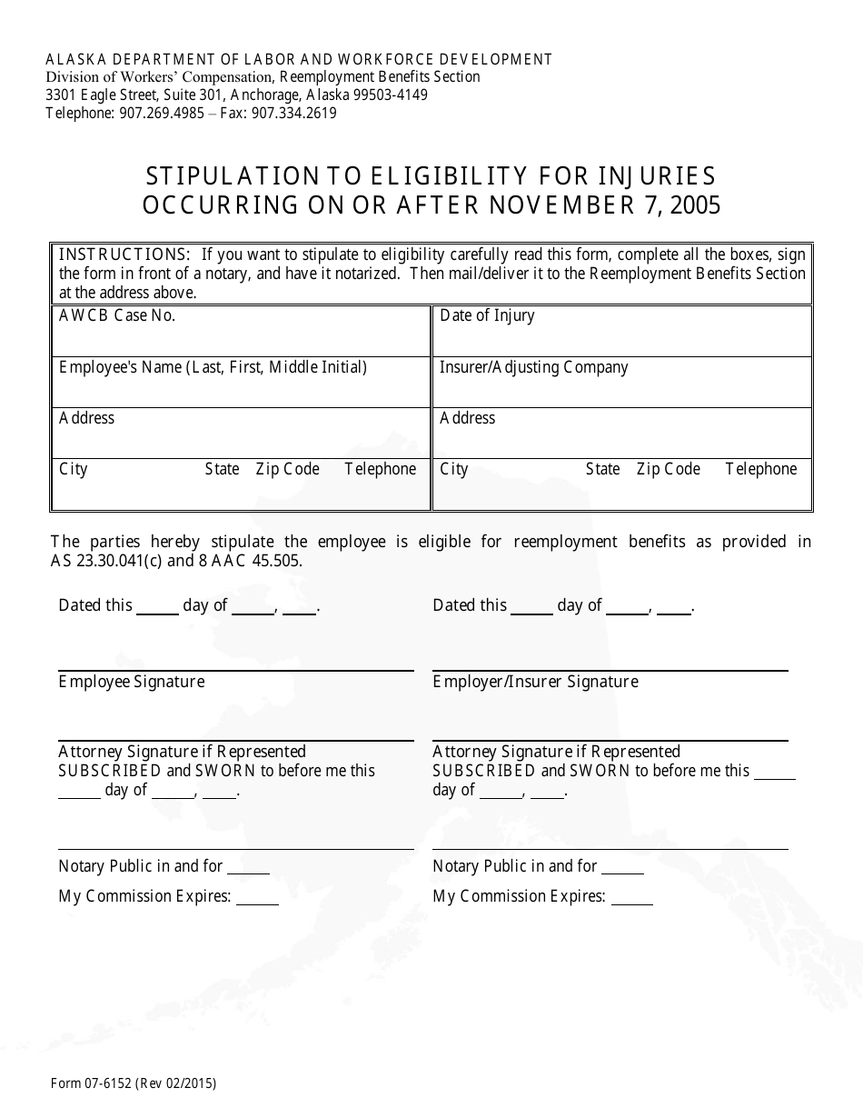Form 07-6152 Stipulation to Eligibility for Injuries - Alaska, Page 1