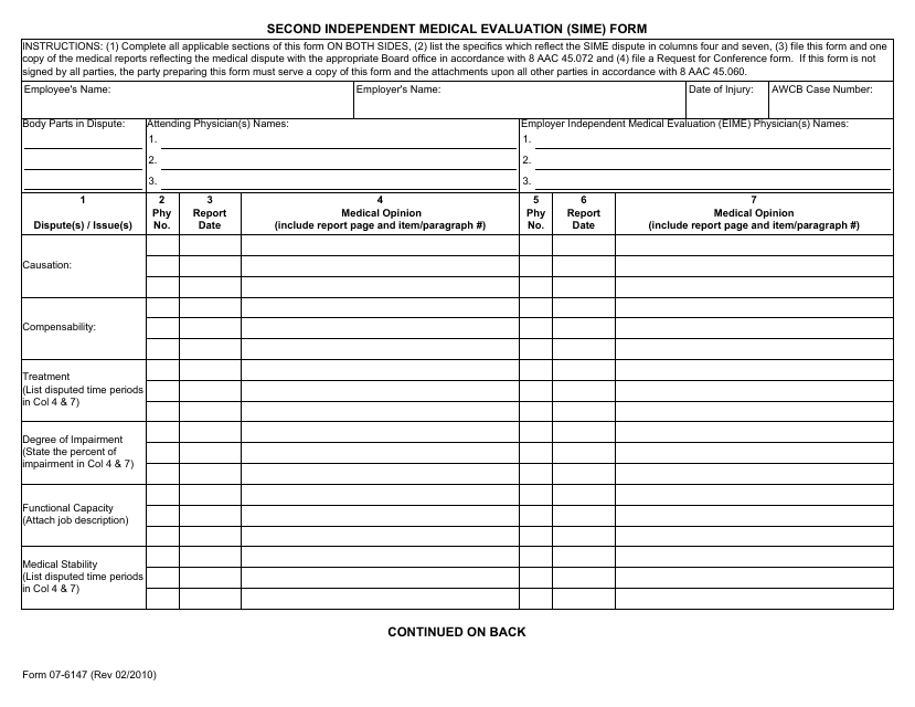 Form 07-6147 Second Independent Medical Evaluation (Sime) Form - Alaska