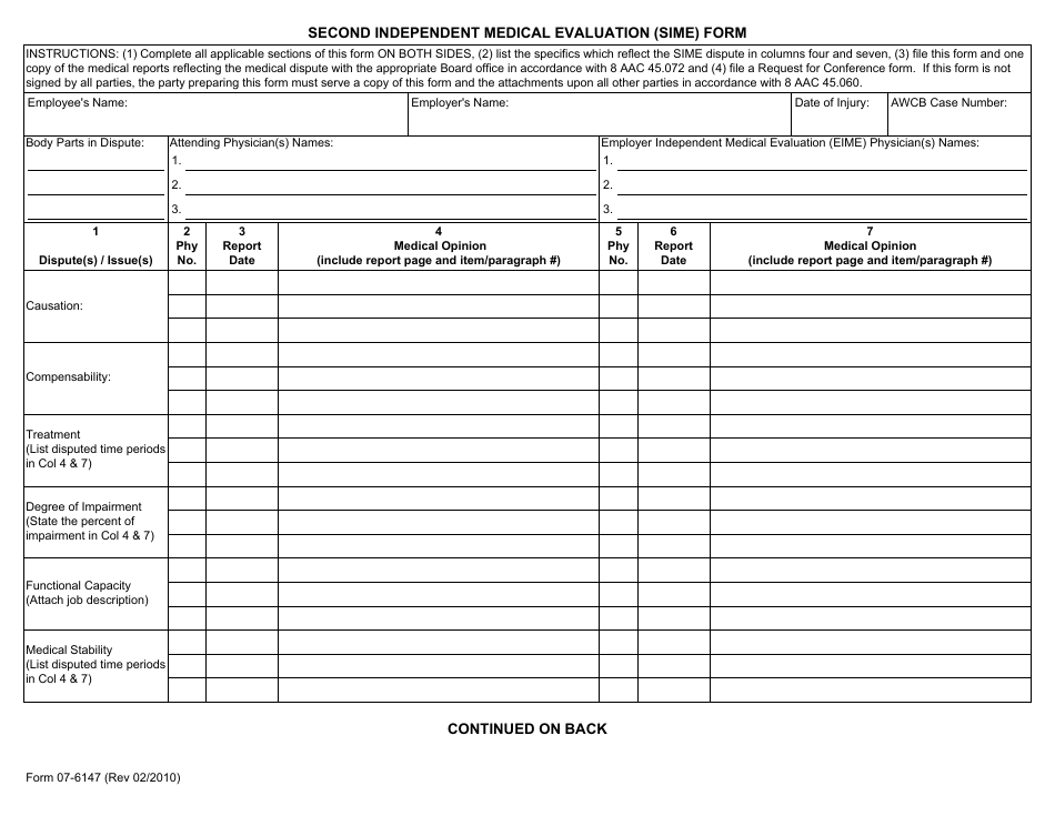 Form 07-6147 Second Independent Medical Evaluation (Sime) Form - Alaska, Page 1