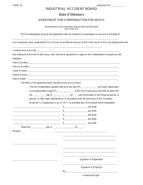 Form 18 Agreement for Compensation for Death - Delaware
