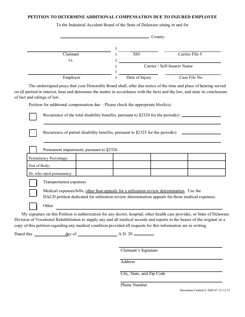 Petition to Determine Additional Compensation Due to Injured Employee - Delaware Download Pdf