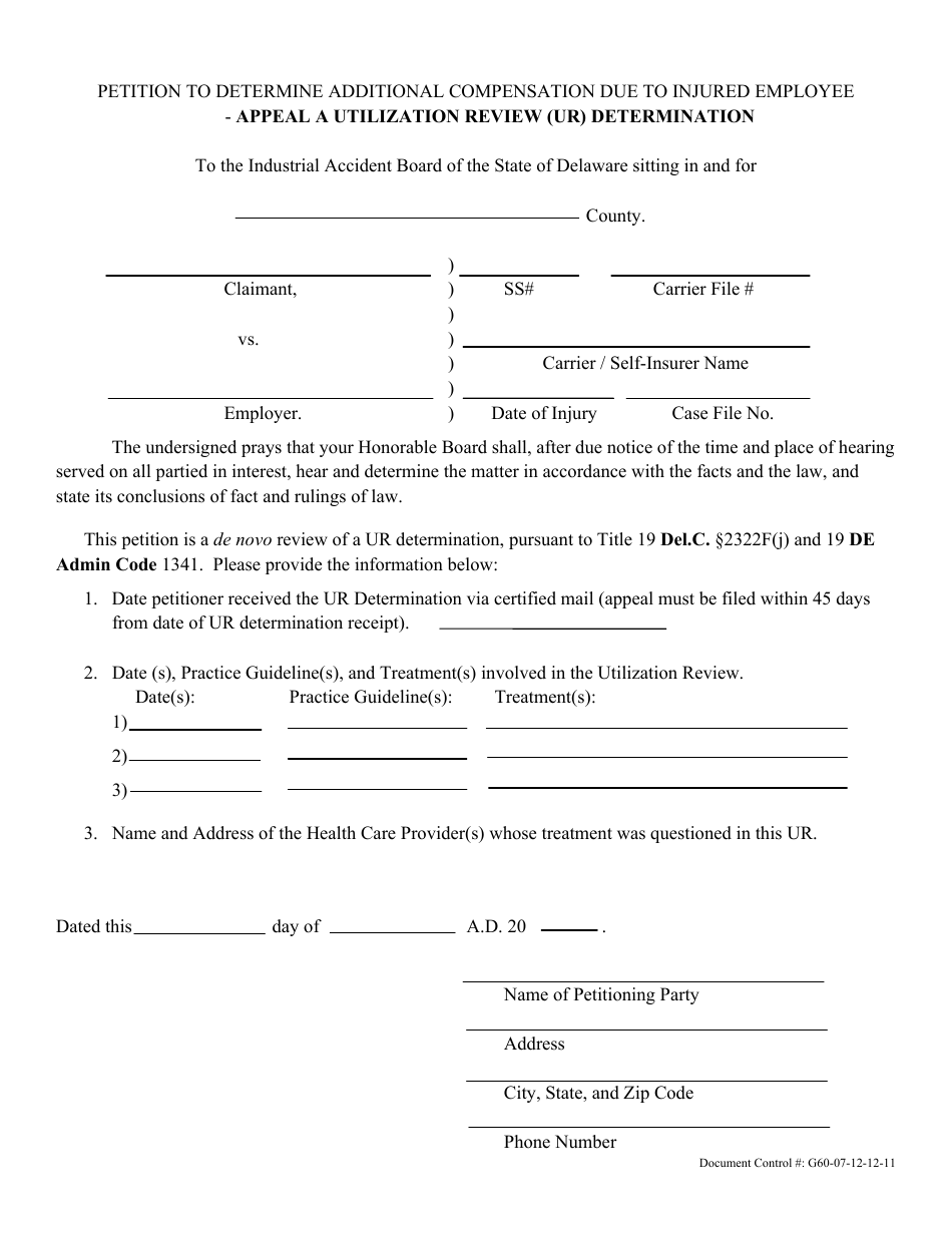 Petition to Appeal a Utilization Review - Delaware, Page 1