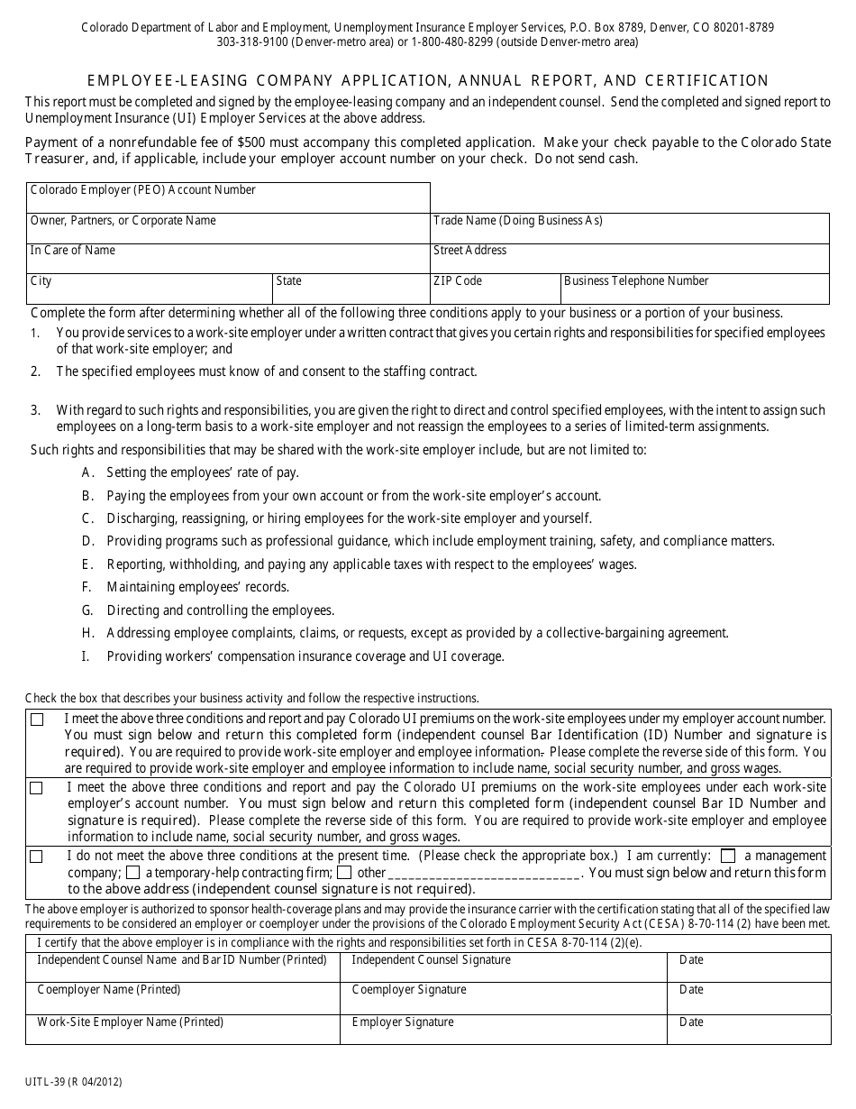 Form UITL-39 Employee-Leasing Company Application, Annual Report, and Certification - Colorado, Page 1