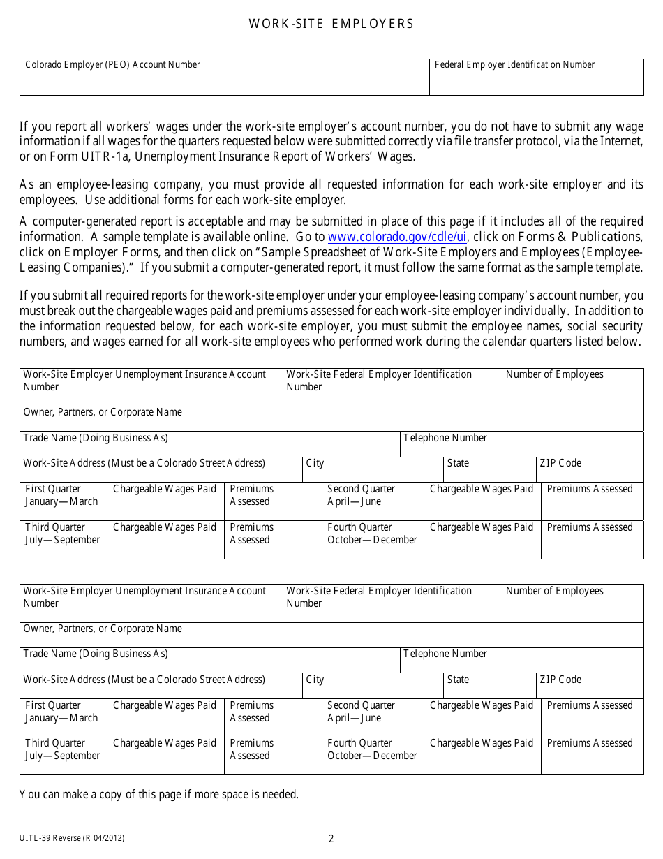 Form UITL-39 Employee-Leasing Company Application, Annual Report, and Certification - Colorado, Page 2