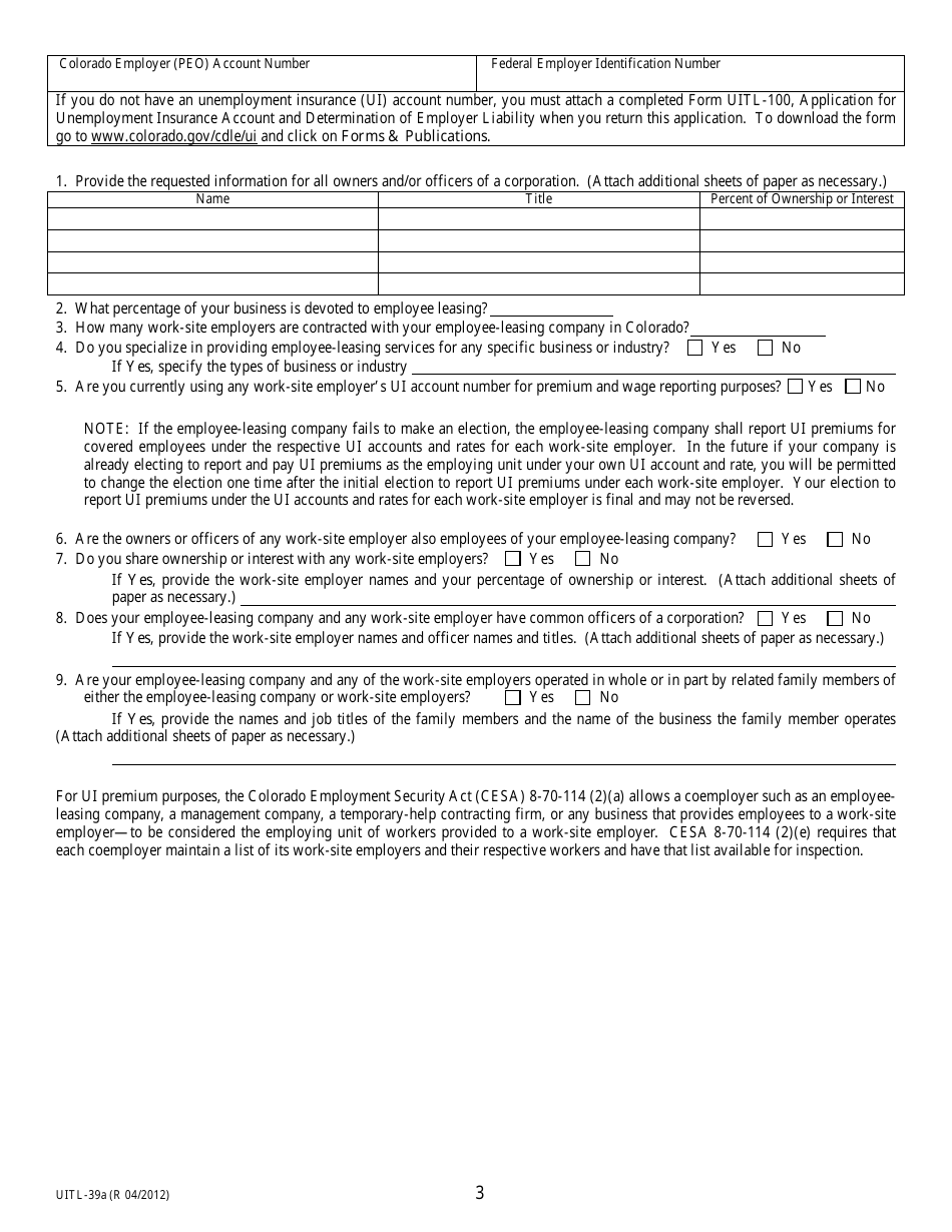 Form UITL-39 Employee-Leasing Company Application, Annual Report, and Certification - Colorado, Page 3