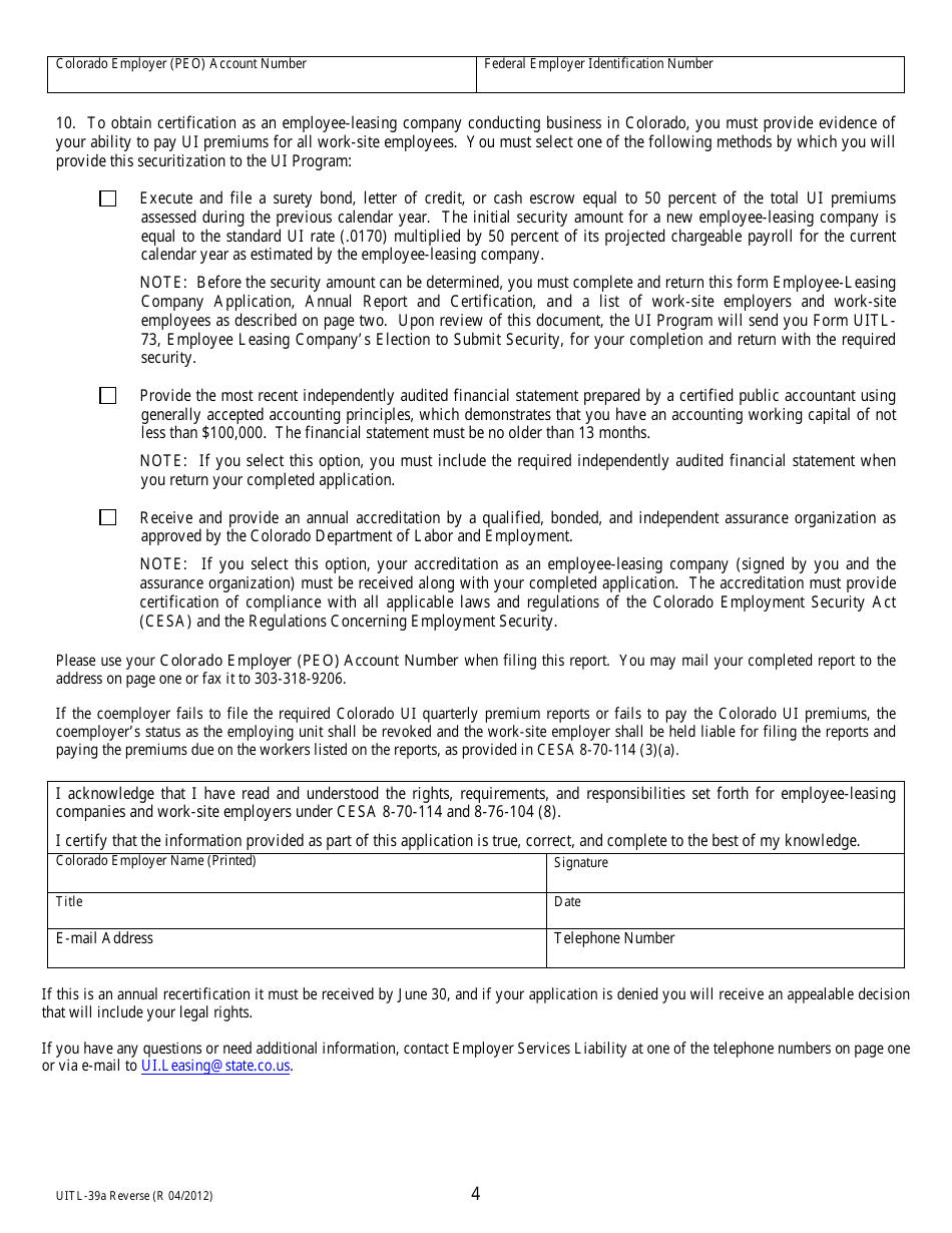 Form UITL-39 Employee-Leasing Company Application, Annual Report, and Certification - Colorado, Page 4