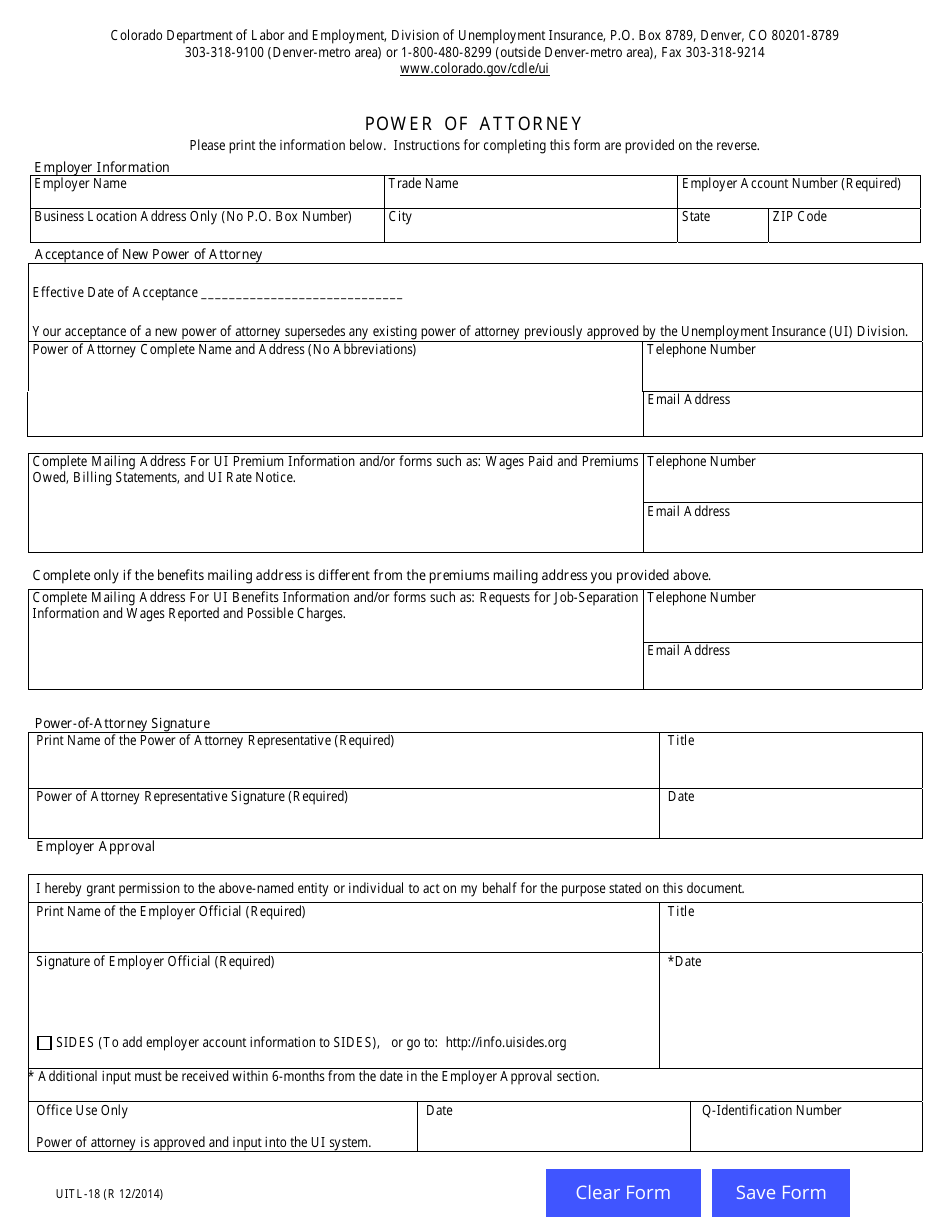 Form UITL-18 Power of Attorney - Colorado, Page 1