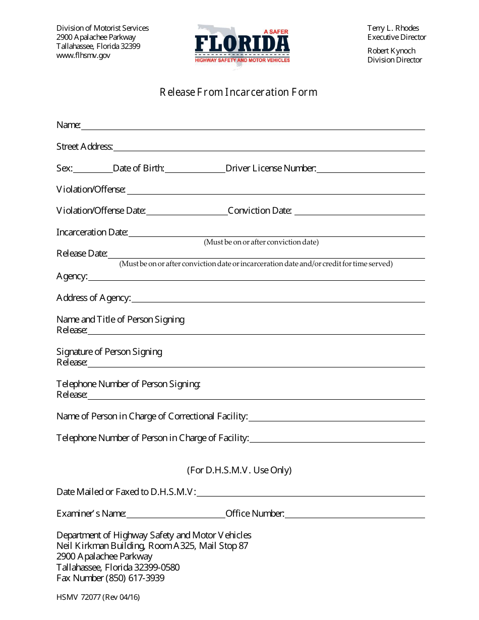 Form HSMV72077 Release From Incarceration Form - Florida, Page 1