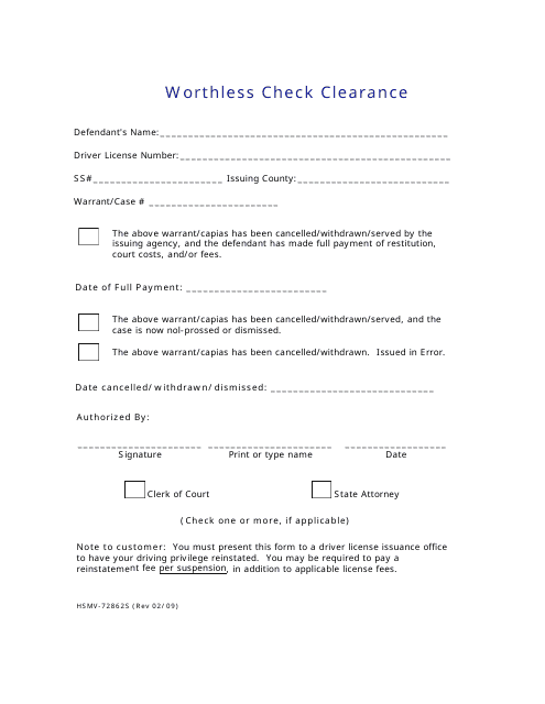 Form HSMV-72862 Worthless Check Clearance - Florida