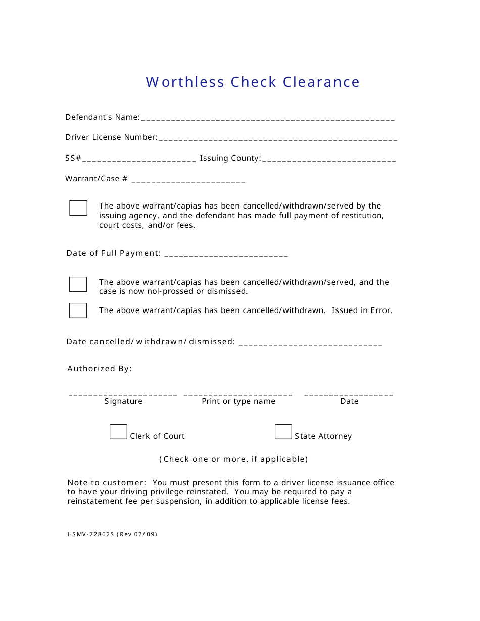 Form HSMV-72862 Worthless Check Clearance - Florida, Page 1