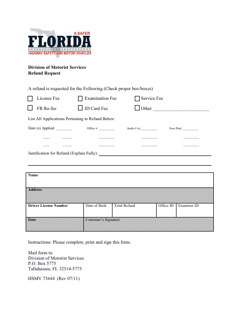 Form HSMV73644 Refund Request - Florida
