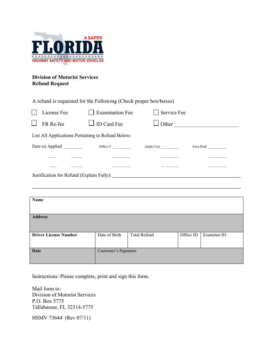 Form HSMV73644 Refund Request - Florida, Page 1