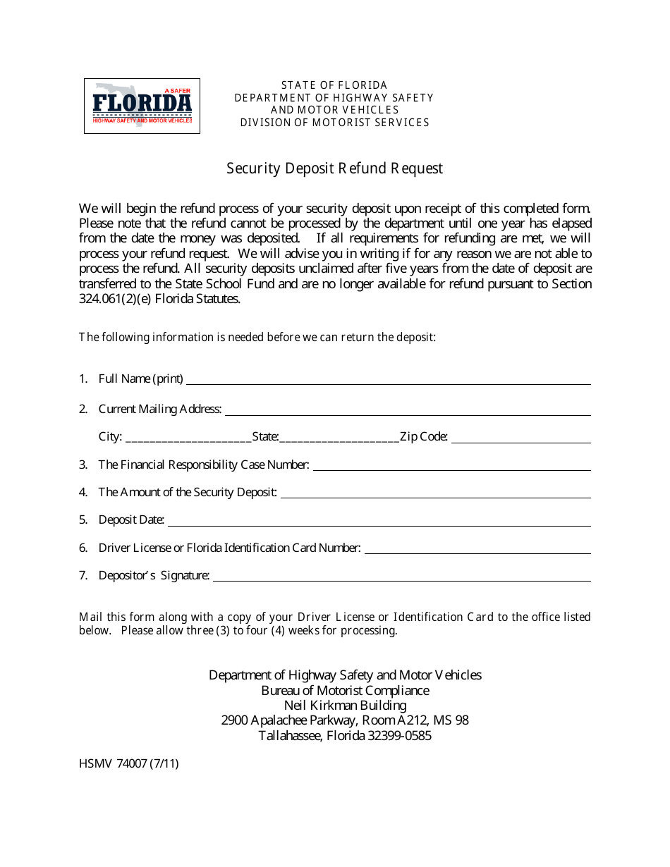 Form HSMV74007 Security Deposit Refund Request - Florida, Page 1